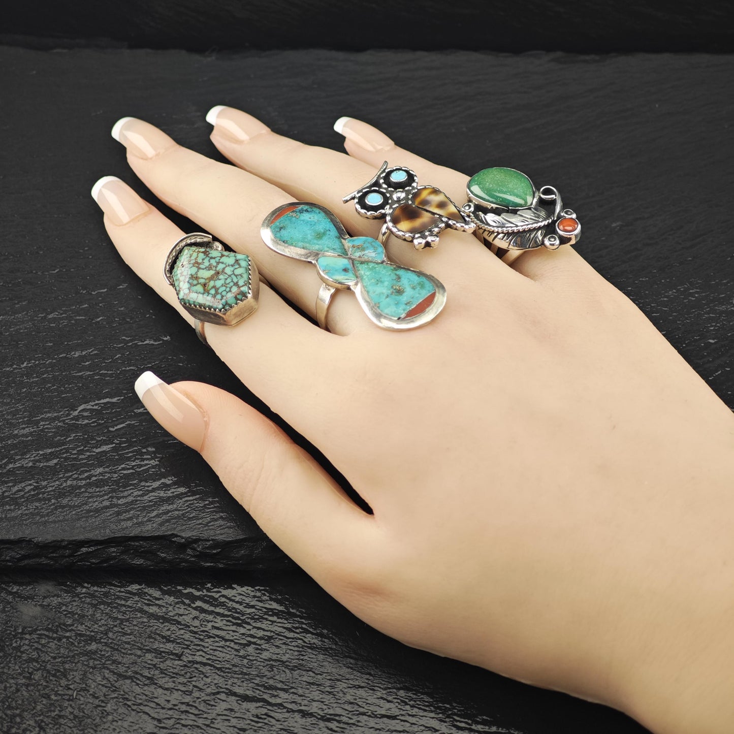 Native American Spiderweb Green Turquoise Ring Sterling Silver Sz 6