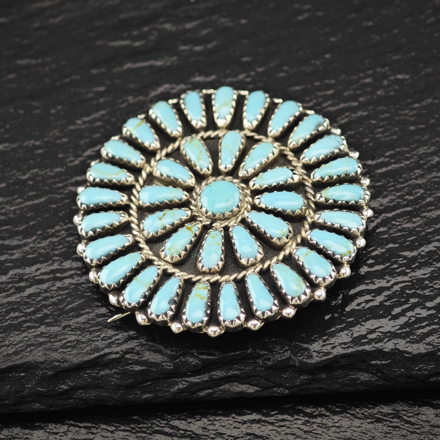 Vintage Southwest Sterling Silver Brooch Cluster, Blue Block Turquoise