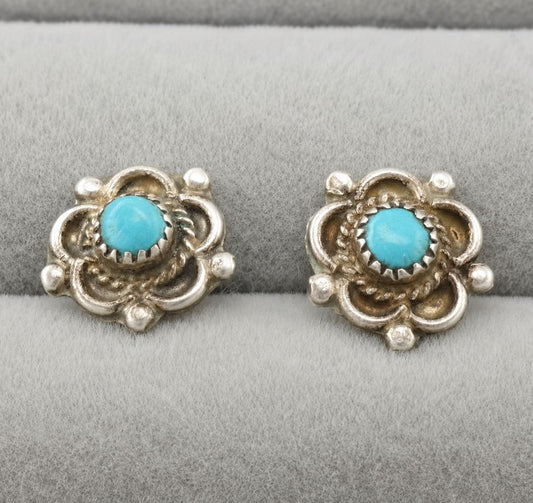 Vintage Native American Blue Turquoise Flower Sterling Silver Stud Earrings ER2767