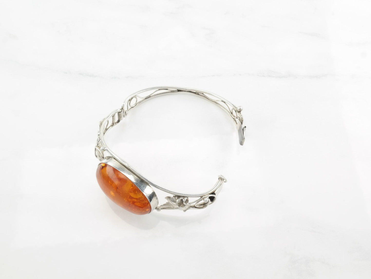 Modernist Sterling Silver Bangle Bracelet Orange Natural Amber