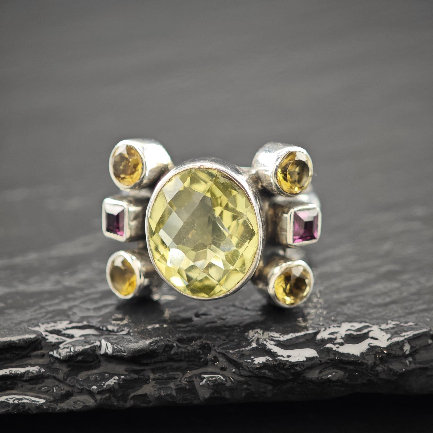 Nicky Butler Quartz Citrine, Garnet Ring Sterling Silver Size 7 3/4