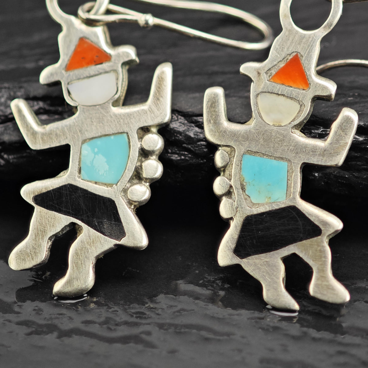 Native American Kachina Multistone Inlay Sterling Silver Dangle Earrings ER3212
