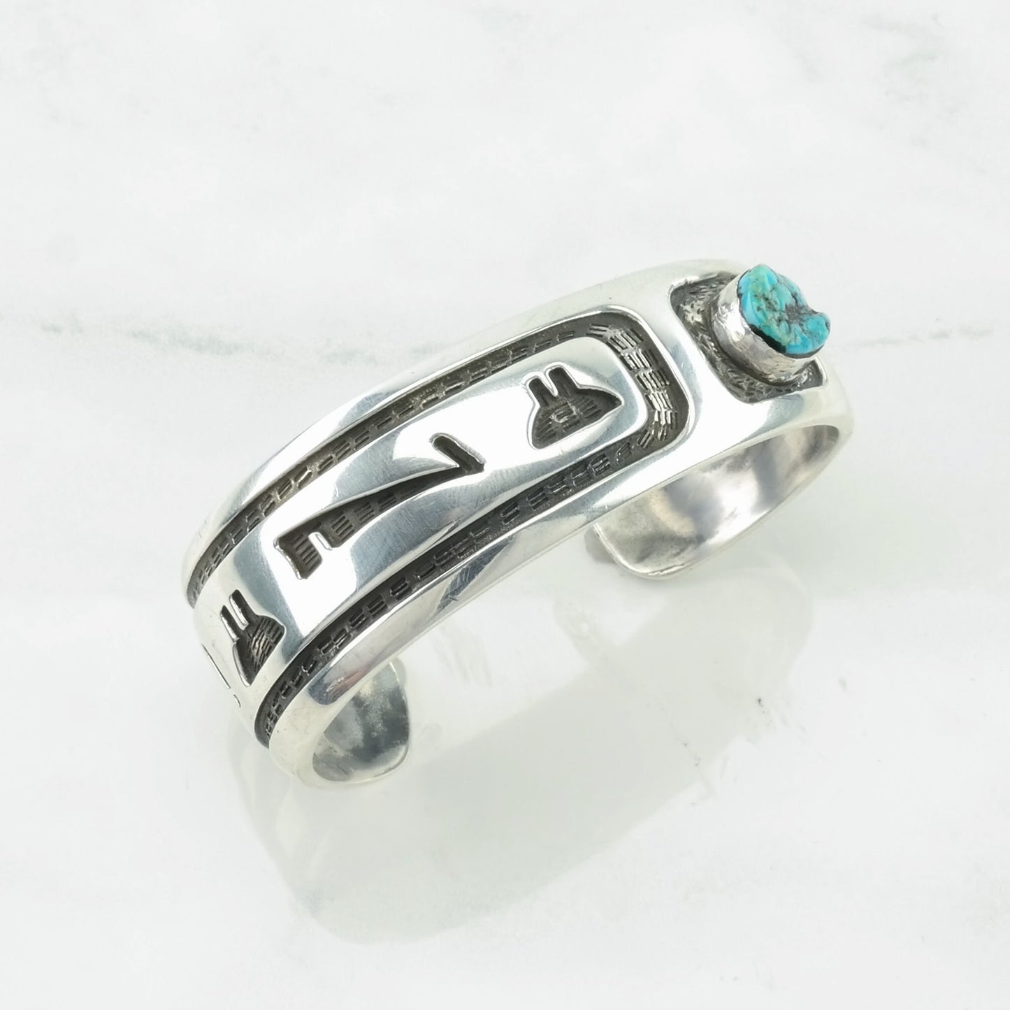 Hopi, Native American Sterling Silver Cuff Bracelet Blue Turquoise Asymmetrical, Overlay