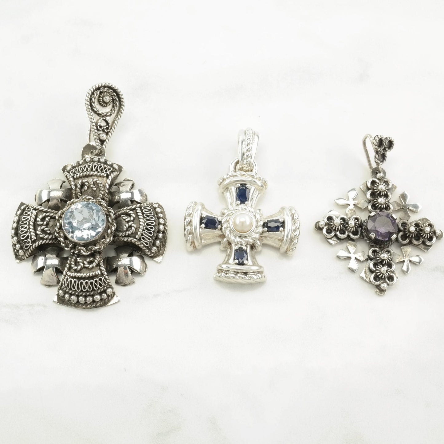 Vintage Gemstone Cross Jerusalem Cross Sterling Silver Pendant