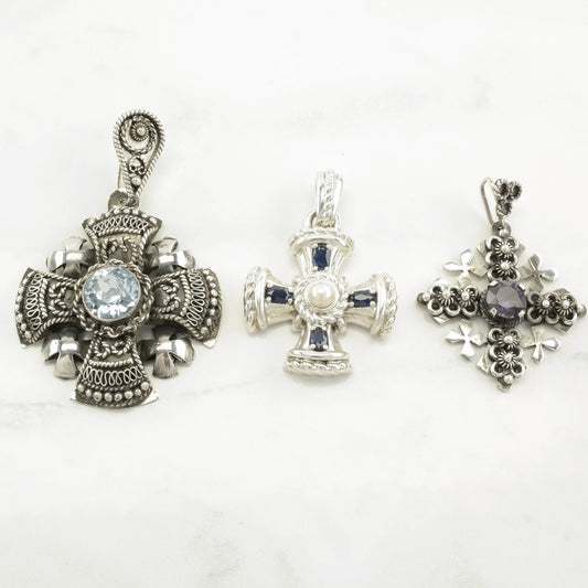 Vintage Gemstone Cross Jerusalem Cross Sterling Silver Pendant