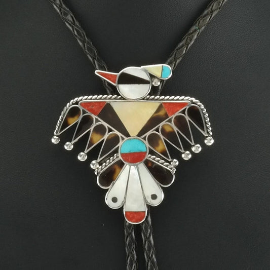 Native American Thunder Bird Bolo Tie Sterling Silver Coral Turquoise Inlay Necklace