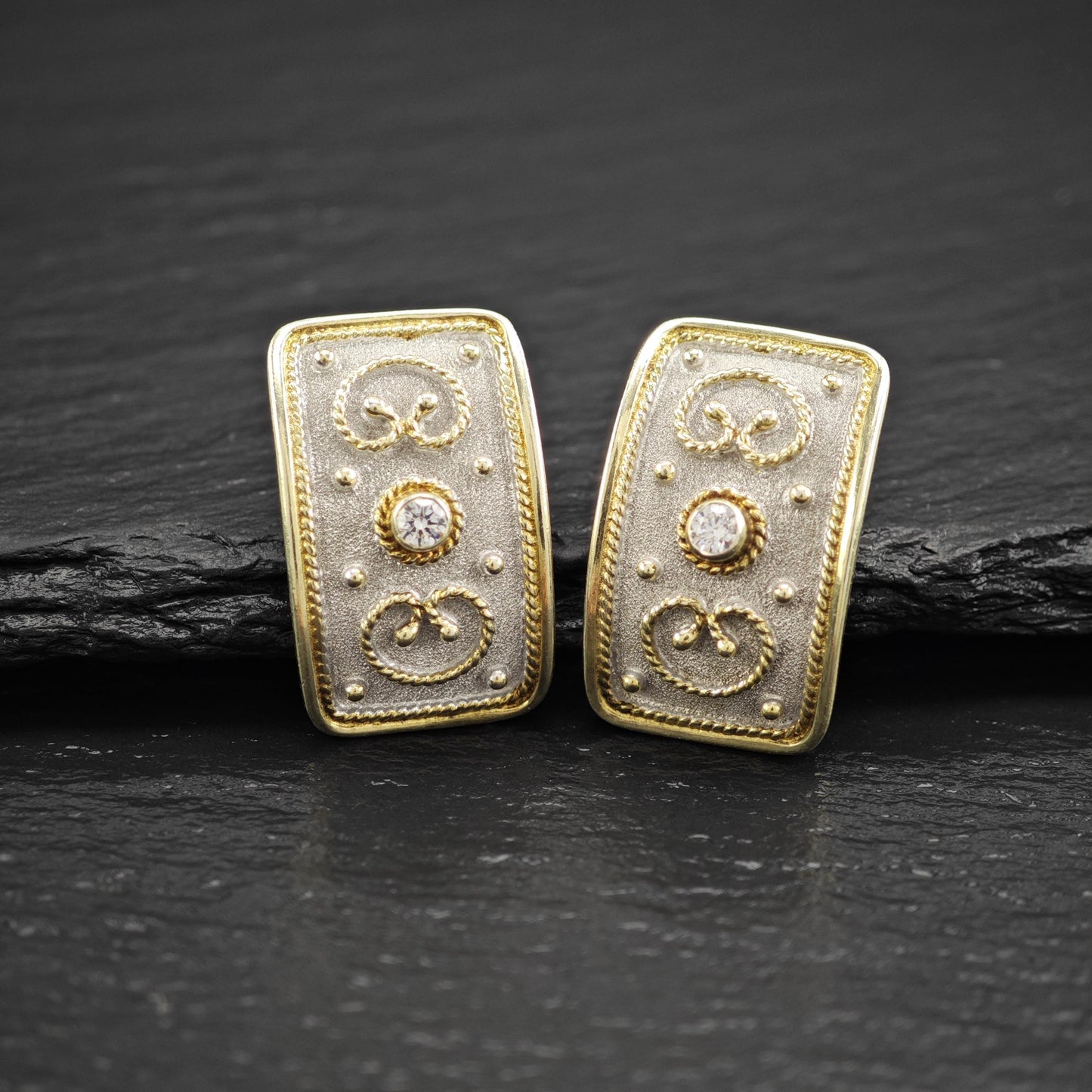 Vintage Greek Rectangular White, Gold CZ Stud Earrings Sterling Silver