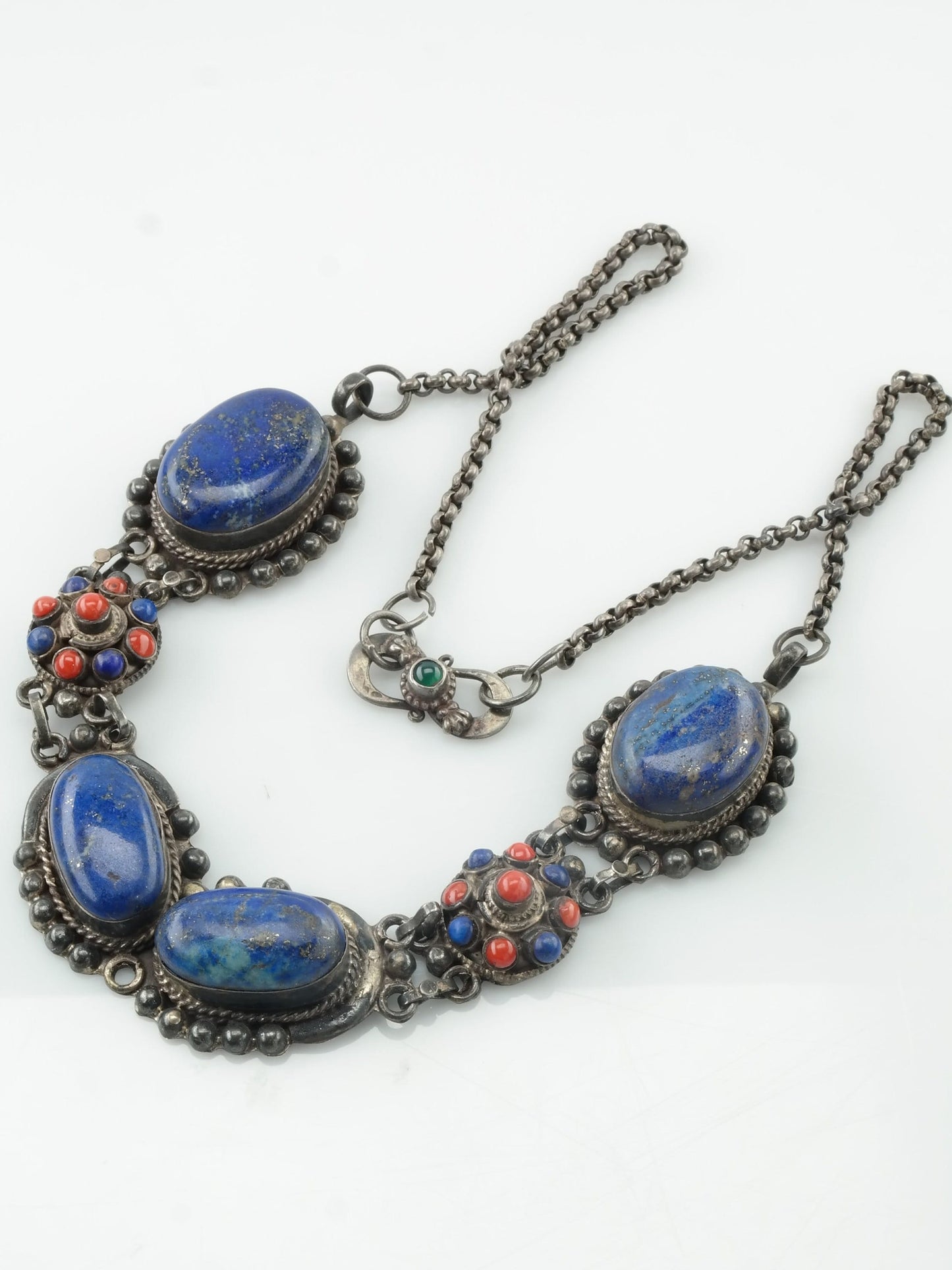 Vintage Sterling Silver Dark blue Red Lapis Lazuli Coral Tribal Necklace