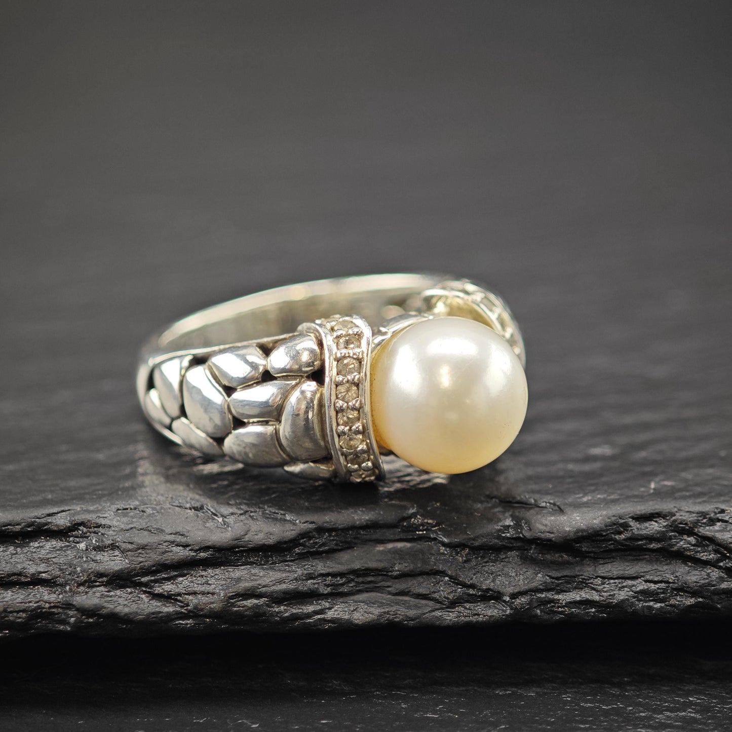 Effy Diamond Pearl Ring Sterling Silver Sz 7 1/4 R6029