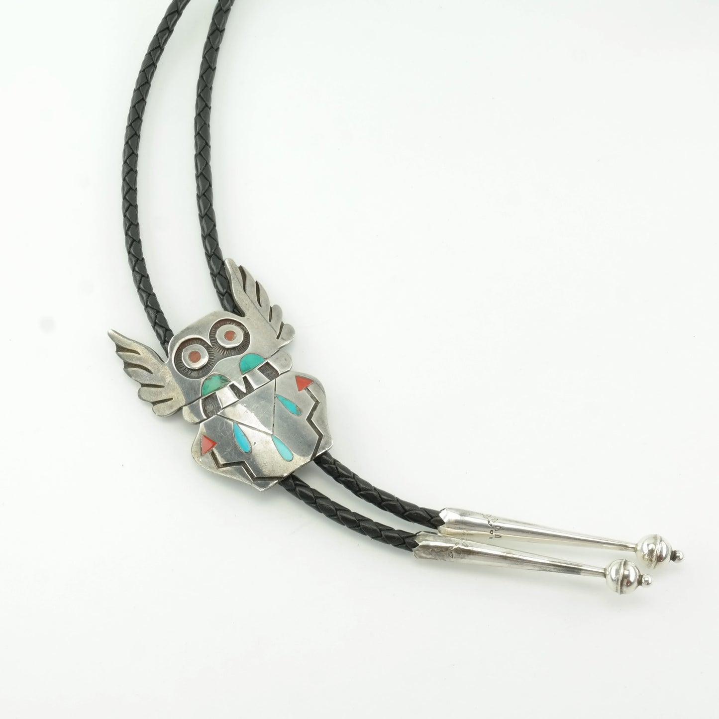 Hopi Sterling Silver Turquoise, Coral Bird Figure, Inlay Bolo Tie Necklace