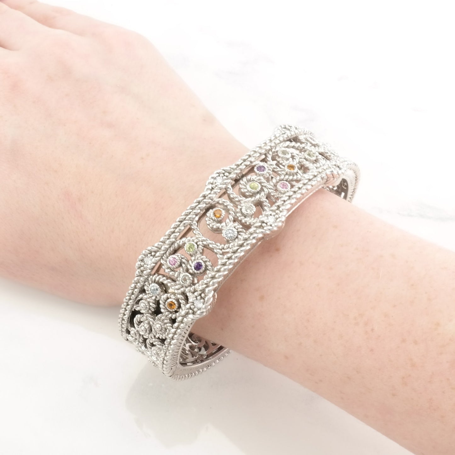 Judith Ripka Cuff Bracelet Sterling Silver Colored CZ Scroll Hinged