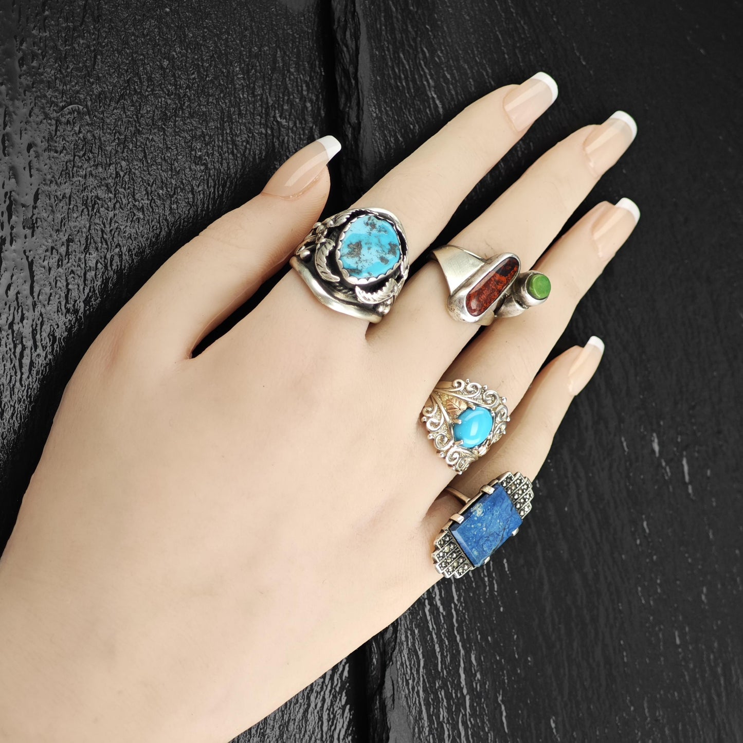 Native American Turquoise & Leaf Design Sterling Silver Ring Sz 10 3/4 R6591
