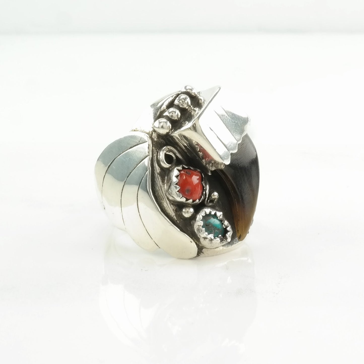 Native American Silver Ring Turquoise, Coral, Coyote Claw Leaf Sterling Blue, Red Size 11 1/2