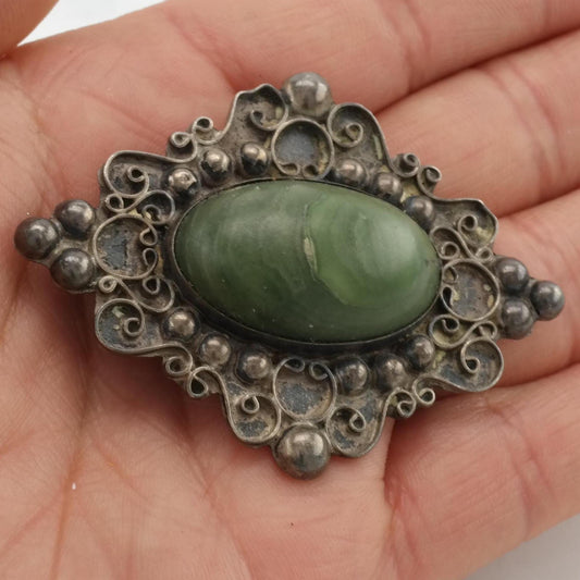 Vintage Taxco Sterling Silver Brooch Green Peruvian Jade