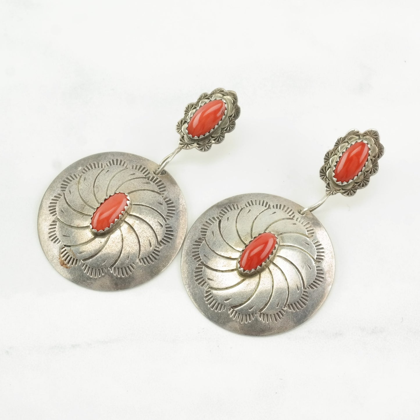 Native American Sterling Silver Red Coral Stamped, Shield Earrings Stud, Dangle