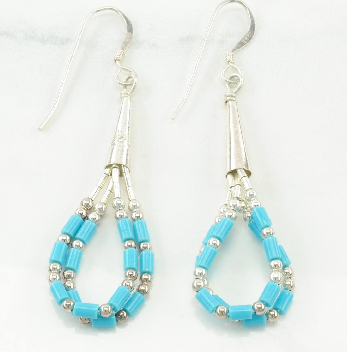 Southwestern Blue Block Liquid Turquoise Bead Earrings Sterling Silver Dangle Fish Hook