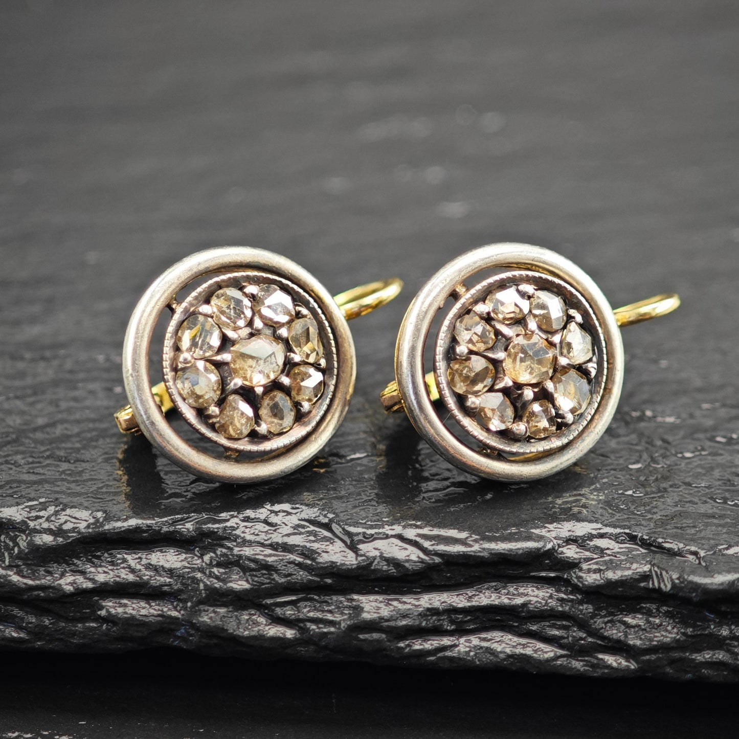 Antique Gold Rose Cut Diamond Lever Back Earrings Silver Over Gold Georgian Elegance
