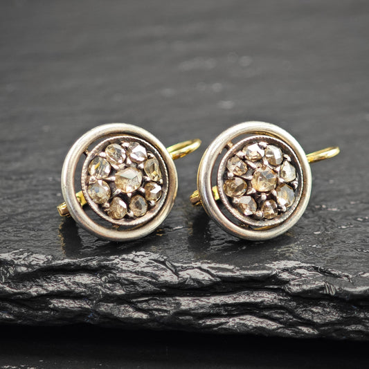 Antique Gold Rose Cut Diamond Lever Back Earrings Silver Over Gold Georgian Elegance