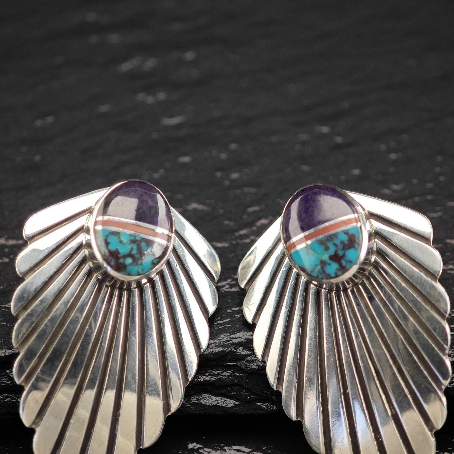 Native American Turquoise, Coral, Sugilite Wings Stud Earrings Sterling Silver
