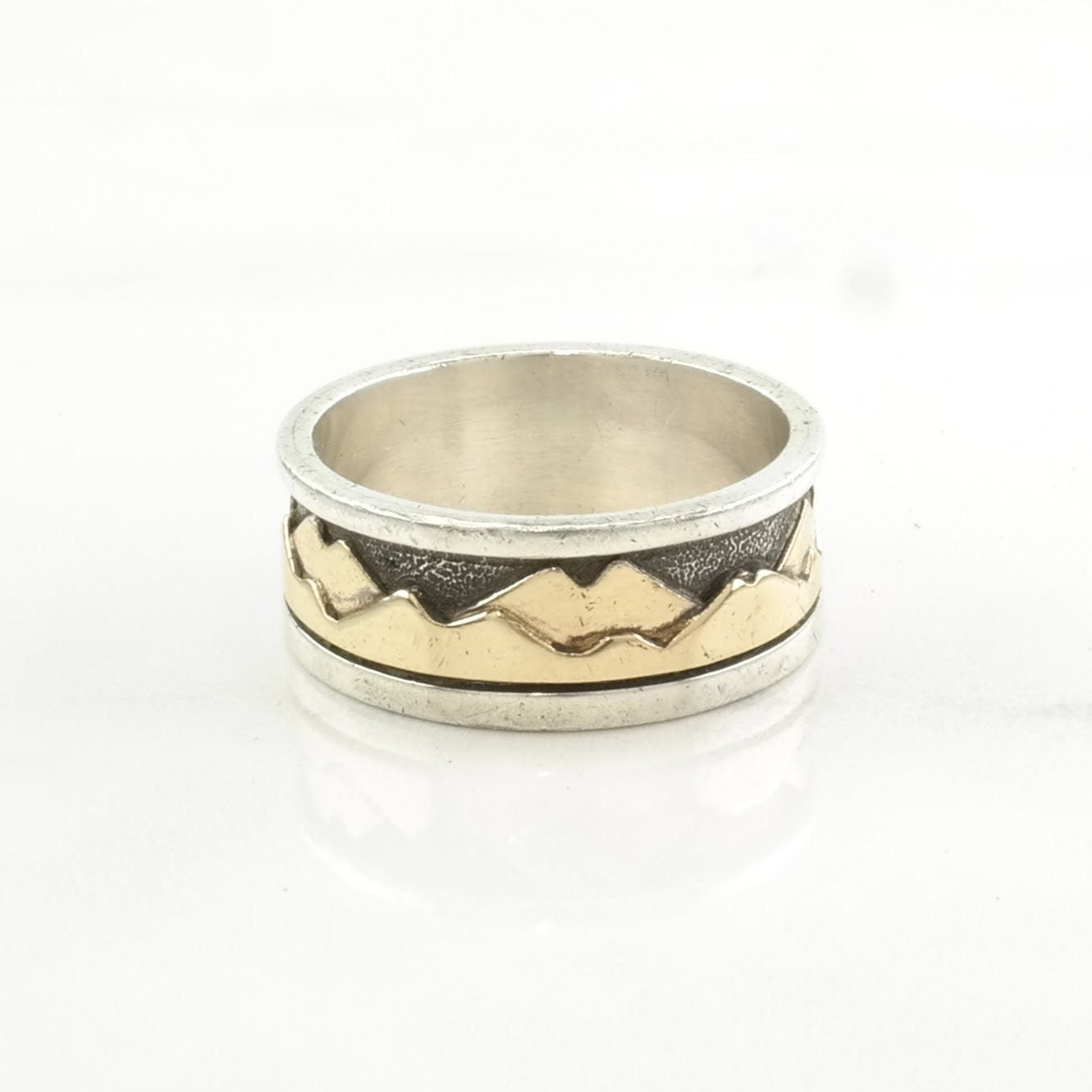 Vintage Native American Silver Ring Mountains 14K Gold Accents Sterling Size 9 1/2