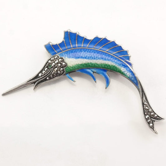 Silver Brooch Fish Marcasite Enamel Sterling B1691