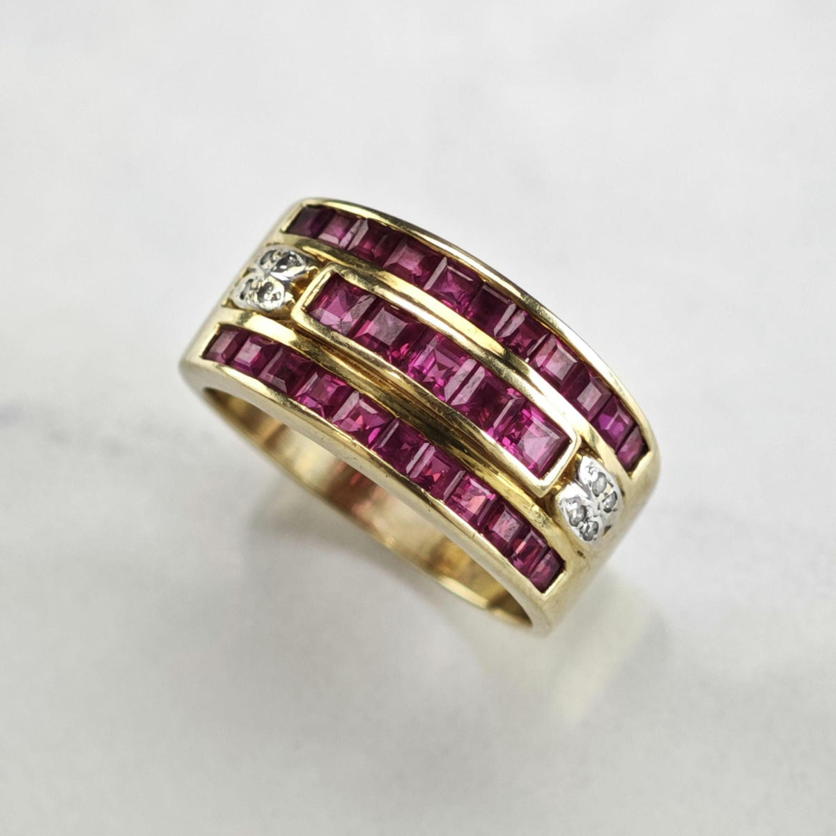 Natural Ruby & Diamond 14K Gold Wide Band Ring Sz 6 3/4 R6789
