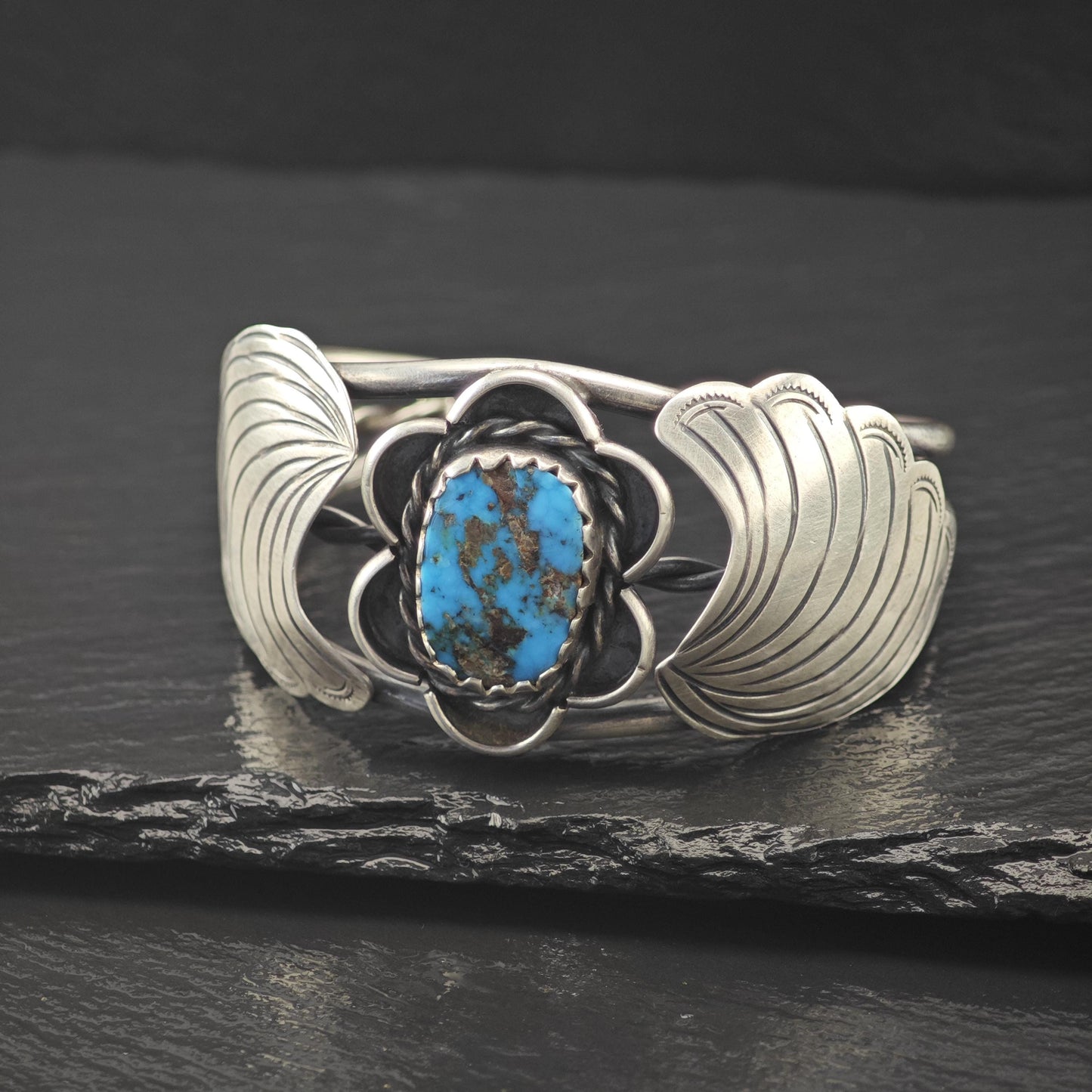 Signed Native American Bisbee Turquoise Floral Cuff Bracelet Sterling Silver