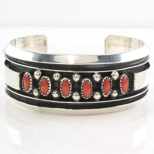 Native American Coral Cuff Bracelet Sterling Silver Red Shadowbox Incise