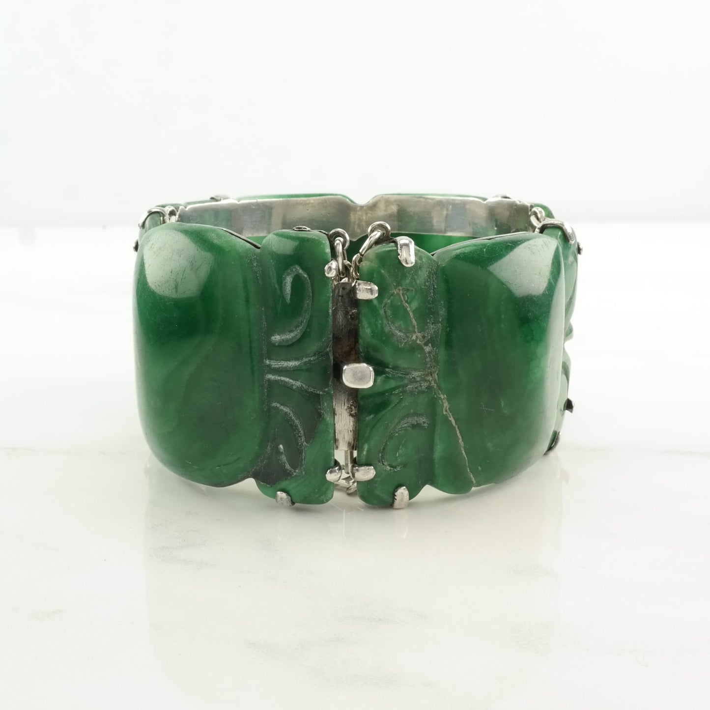 Mid Century Sterling Silver Link Bracelet Green Carved, Peruvian Jade Heart