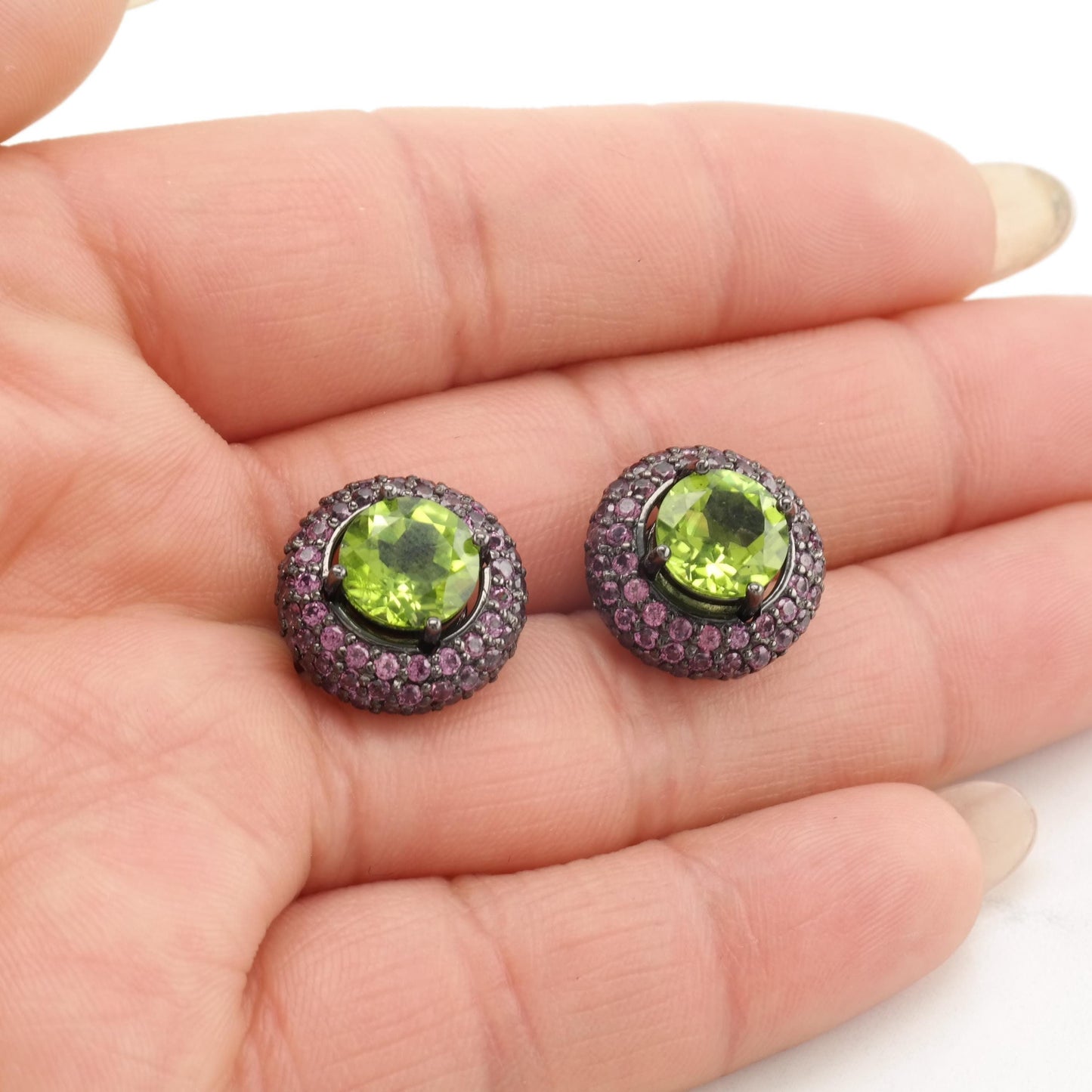 Vintage Oxidized Sterling Silver Stud Earrings Natural Peridot Garnet