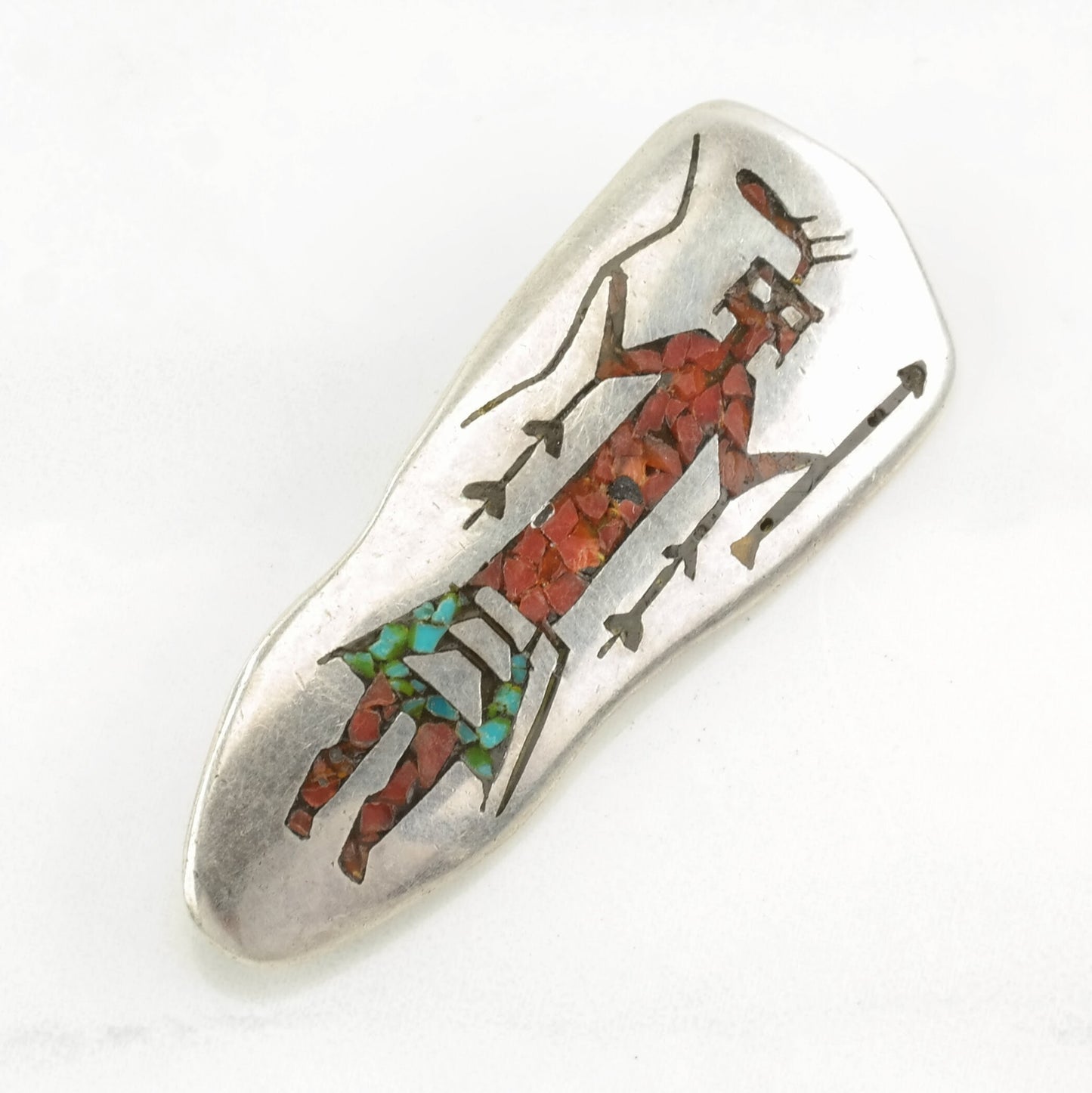 Native Crushed Coral, Turquoise Figure Sterling Silver Pendant P2284