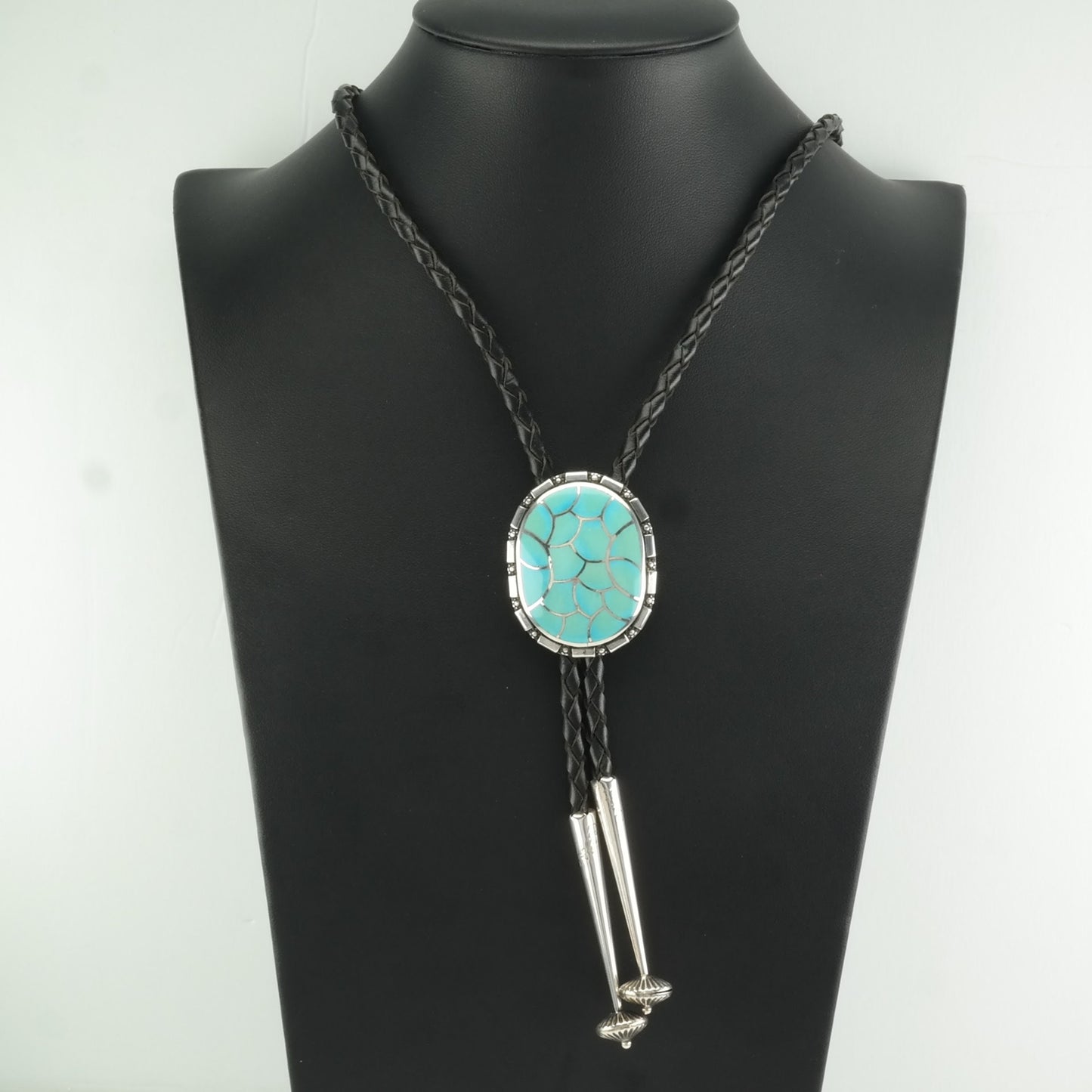 Zuni Turquoise Fish Scale Inlay Bolo Tie Native American Sterling Silver Blue Necklace