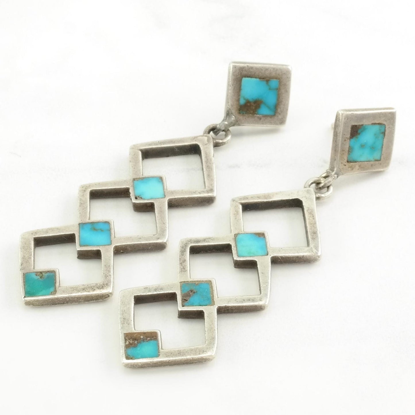 Historic Zuni Bisbee Turquoise Inlay Sterling Silver Stud Dangle Earrings