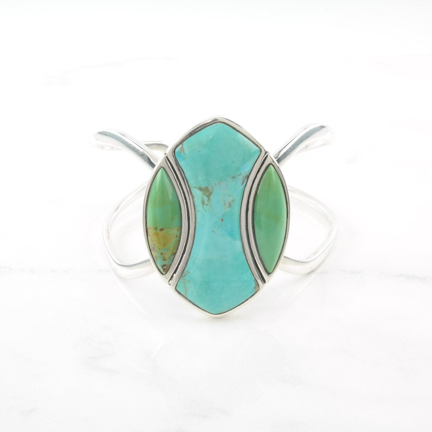 Barse Blue, Green Reconstituted Turquoise, Modernist Sterling Silver Cuff Bracelet