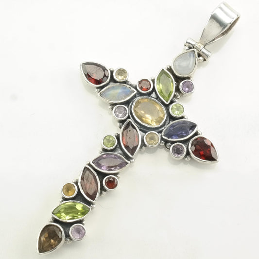 Vintage Multi Gemstone Cross Sterling Silver Pendant