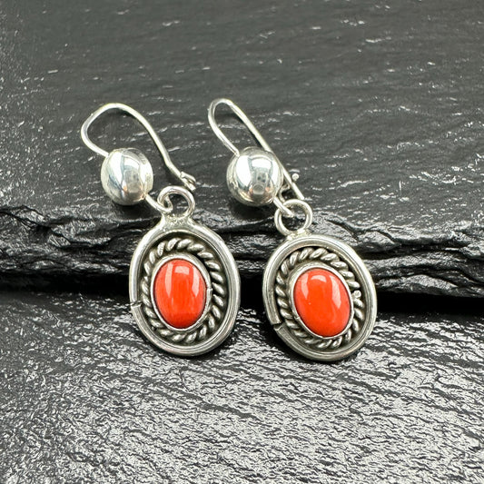 Native American Red Coral Oval Kidney Wire Earrings Sterling Silver