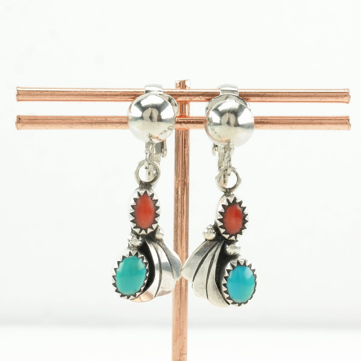 Native American Sterling Silver Turquoise, Coral Earrings Clip on/Dangle