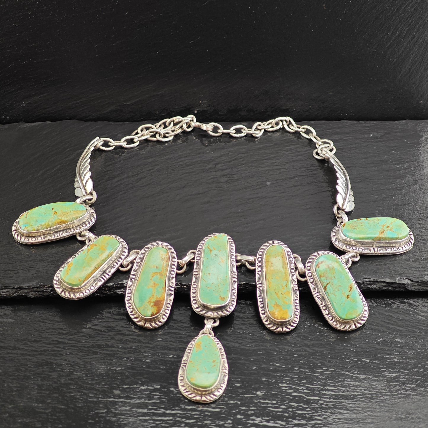 Vintage Navajo Green Kingman Turquoise Lariat Sterling Silver Necklace N2724