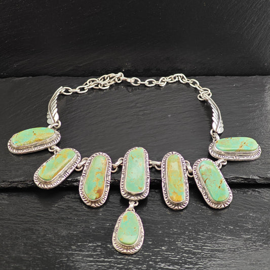 Vintage Navajo Green Kingman Turquoise Lariat Sterling Silver Necklace N2724