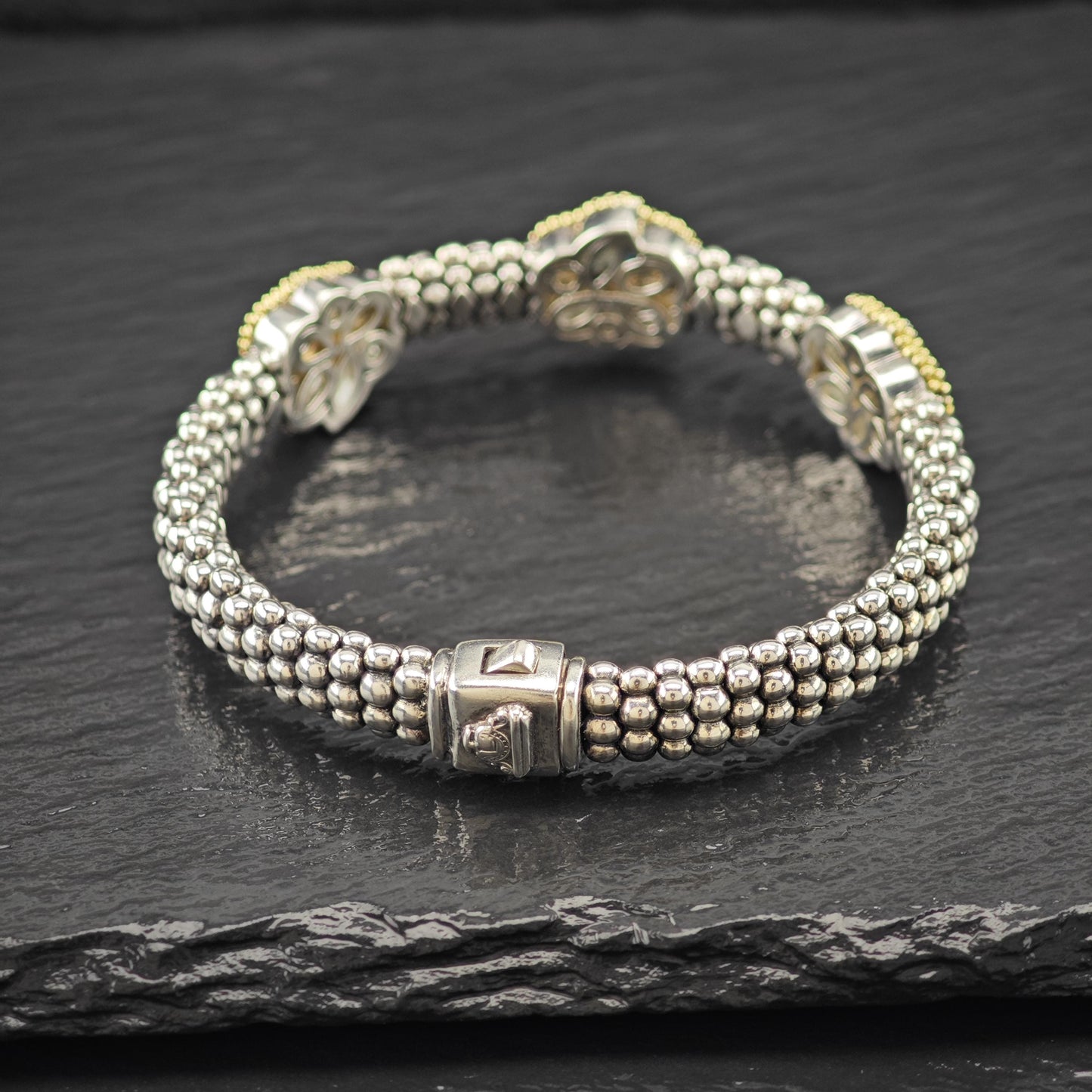 LAGOS 18K Yellow Gold, Blue Topaz Caviar Bracelet Sterling Silver Sz 6 1/4"