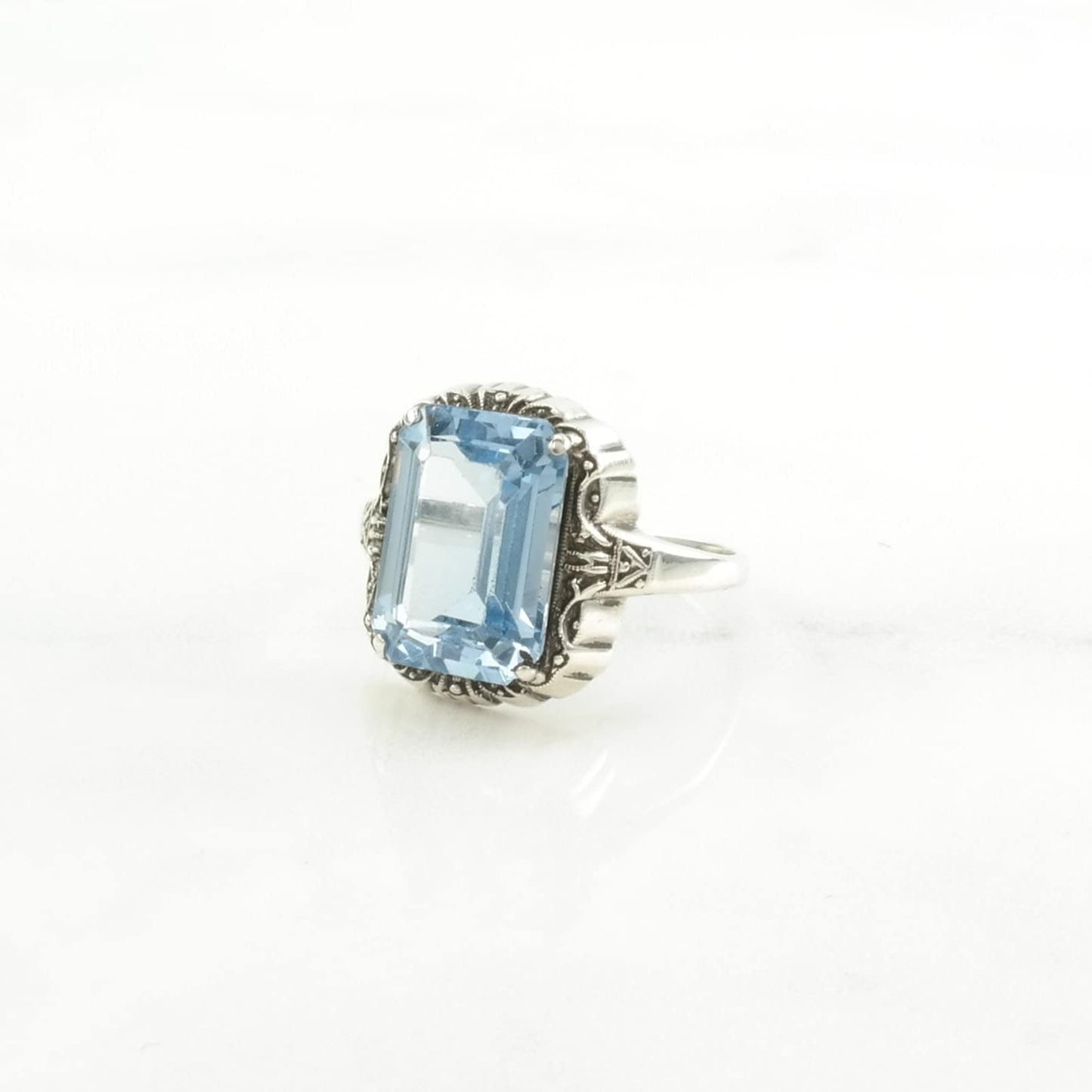 Art Deco Silver Ring Synthetic Spinel Sterling Blue Size 6 3/4