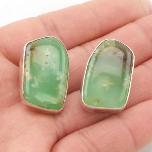 Vintage Southwest Green, Brown Chrysocolla, Gem Silica Sterling Silver Clip On Earrings