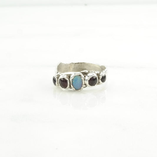 Sterling Silver Ring Opal, Garnet Size 8 3/4