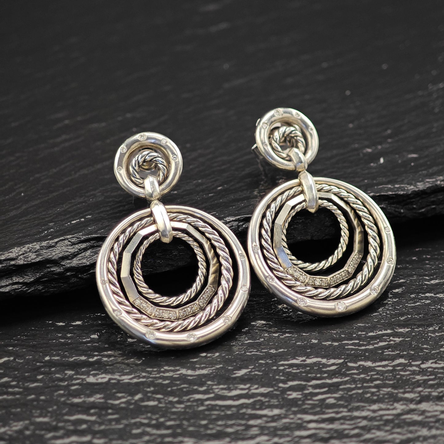 David Yurman Diamonds Stax, 14k Gold Posts Stud/Dangle Earrings Sterling Silver