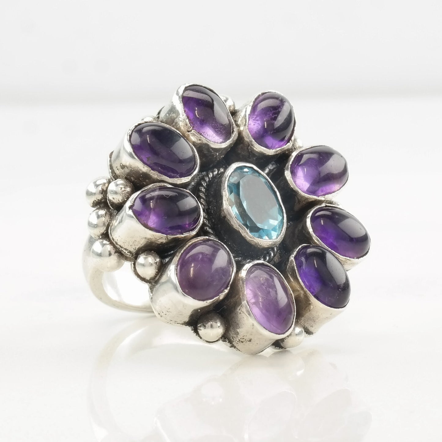 Sterling Silver Ring Amethyst, Topaz Floral Size 6 1/4