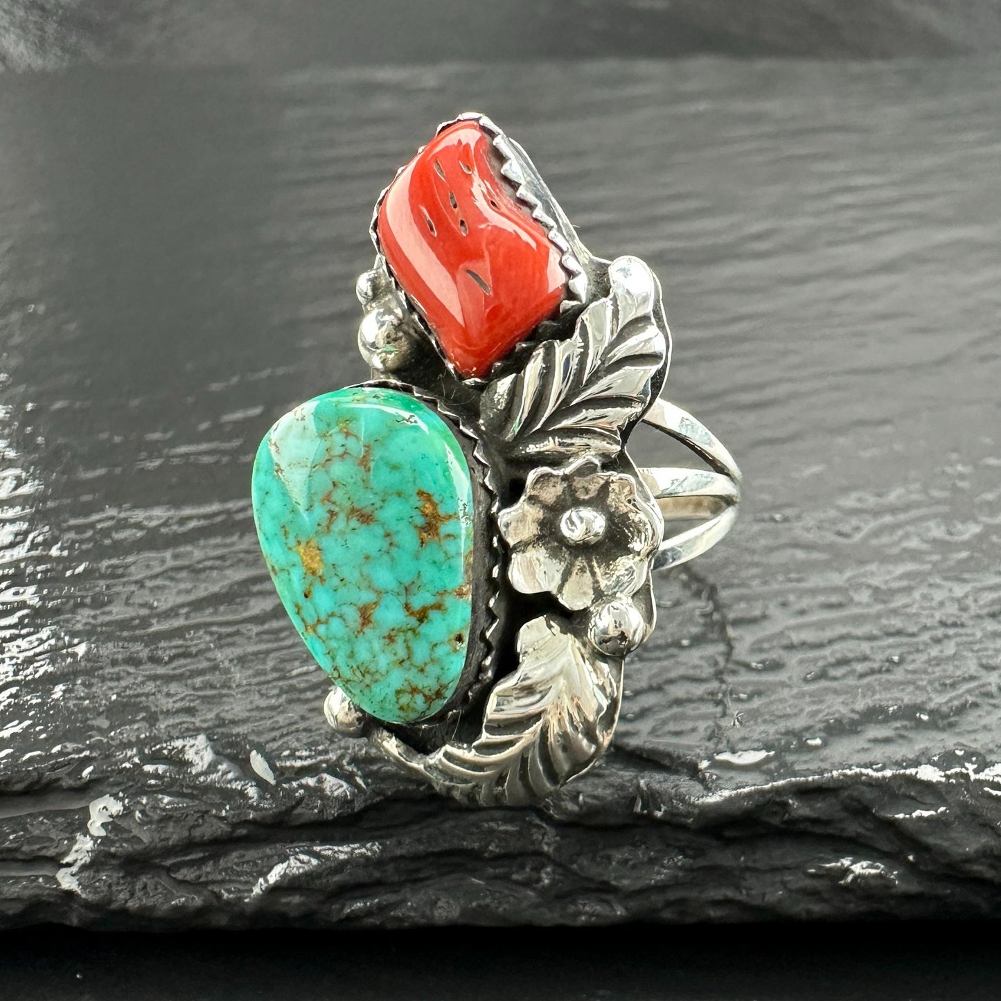 Turquoise Coral Native American Ring Sterling Silver Size 6 3/4 R5828
