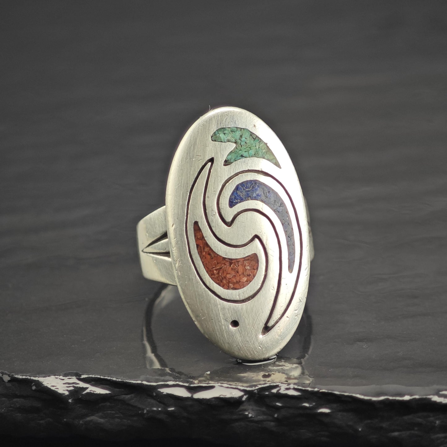 Carolyn Pollack Coral, Turquoise, Lapis Inlay Sterling Silver Ring Sz 7 3/4 R6756