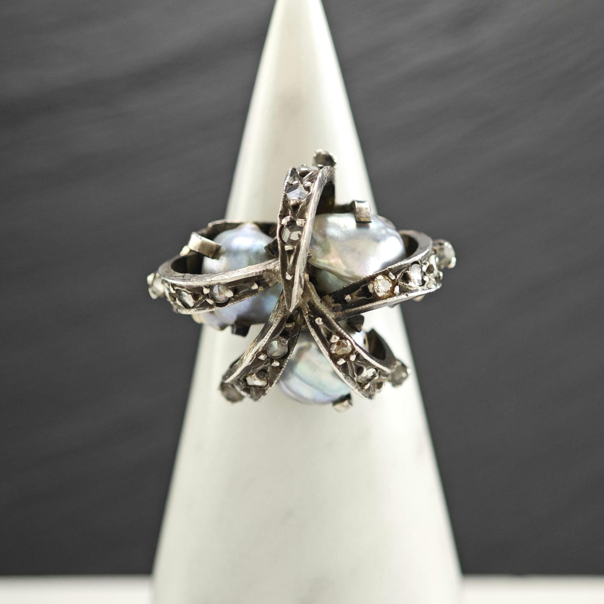 Mid-Century Rosecut Diamond, Pearl 10K Gold & Silver Ring Sz 6 R6775
