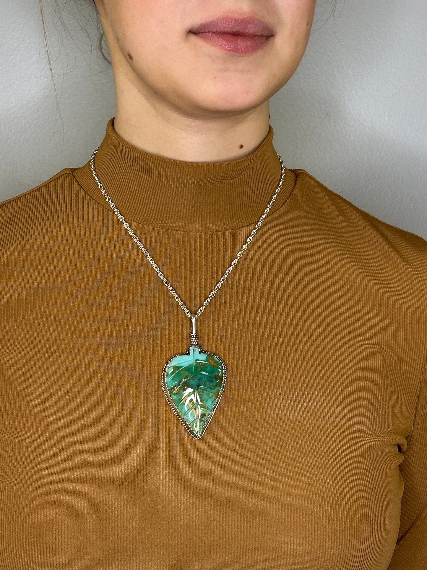 Carved Turquoise Leaf Native American Necklace Sterling Silver Royston