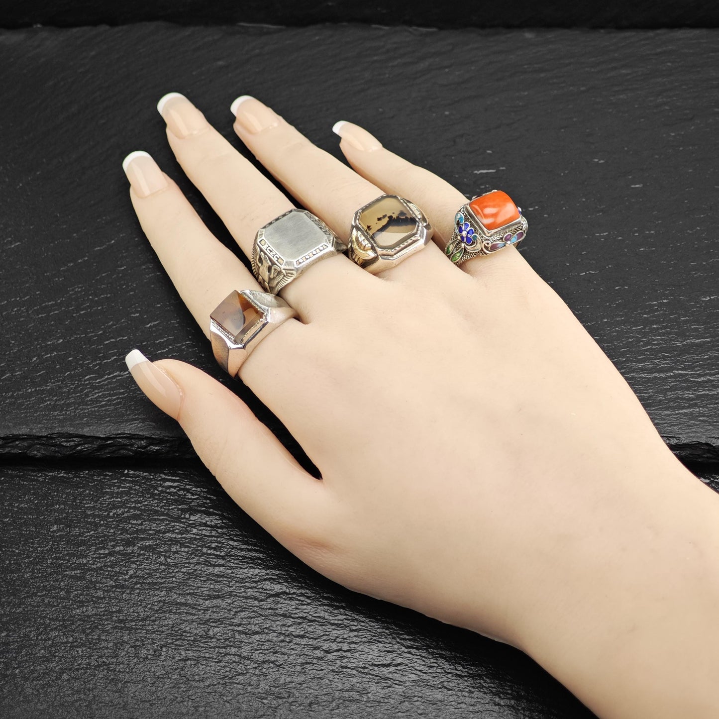 Art Deco Clark & Coombs Agate Signet Sterling Silver Ring Sz 10 1/2 R6718
